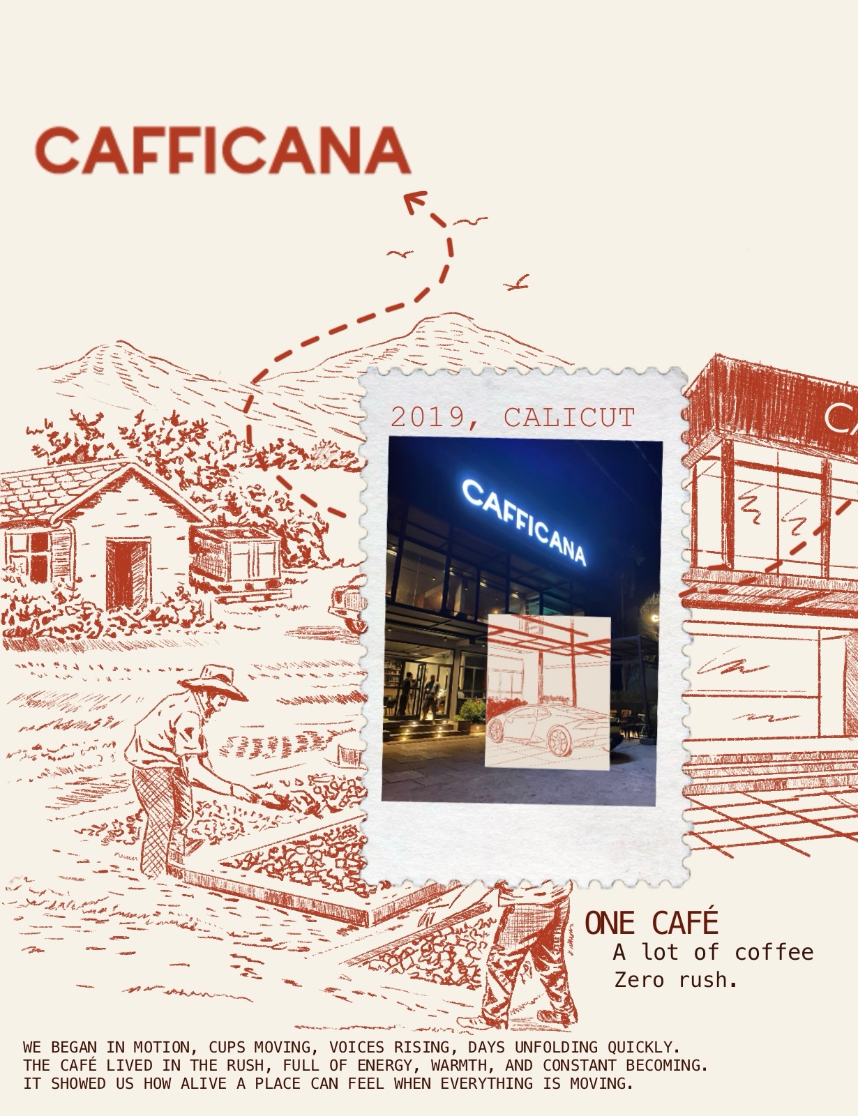 Cafficana brand poster — 2019, Calicut. One café. A lot of coffee. Zero rush.