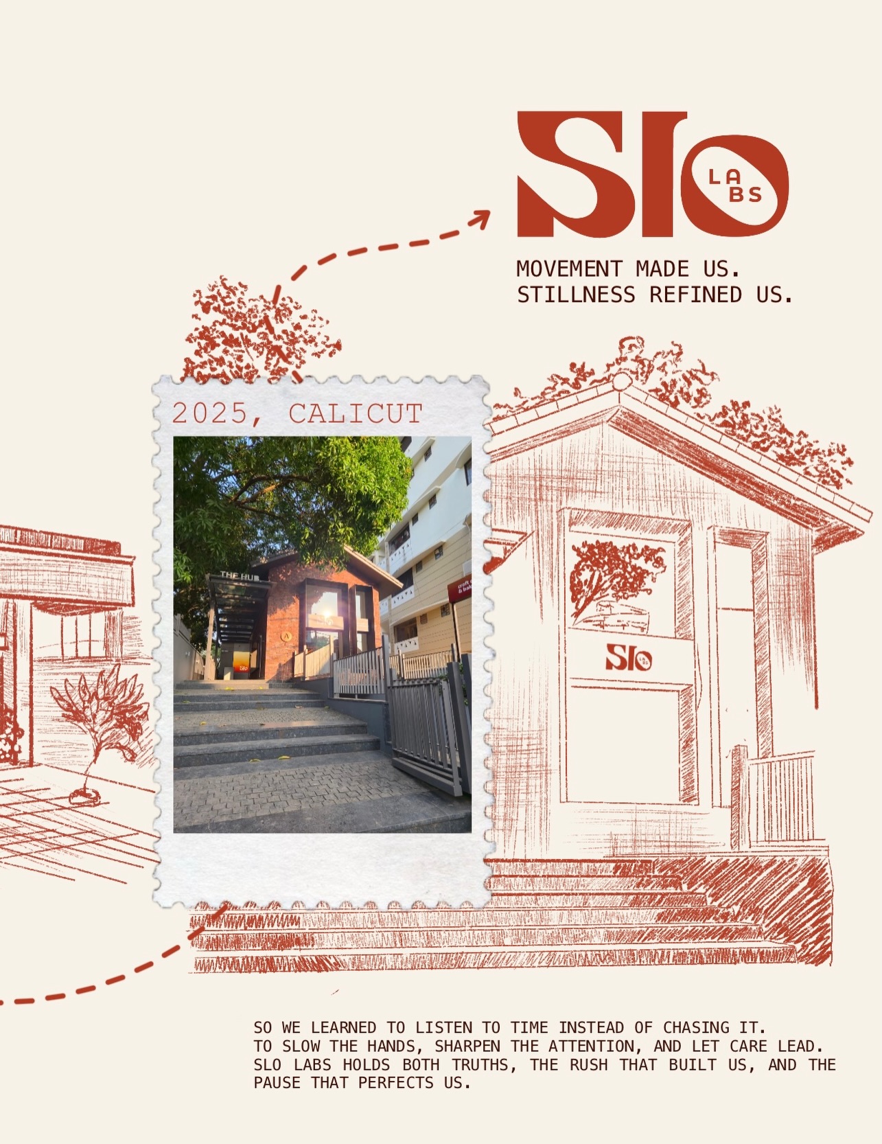 Slo Labs brand poster — 2025, Calicut. Movement made us, stillness refined us.