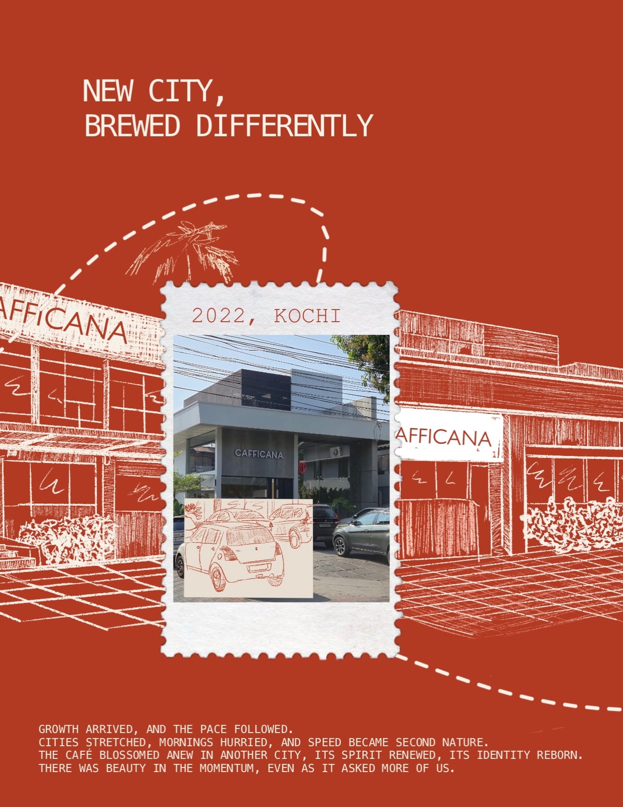 Cafficana brand poster — 2022, Kochi. New city, brewed differently.