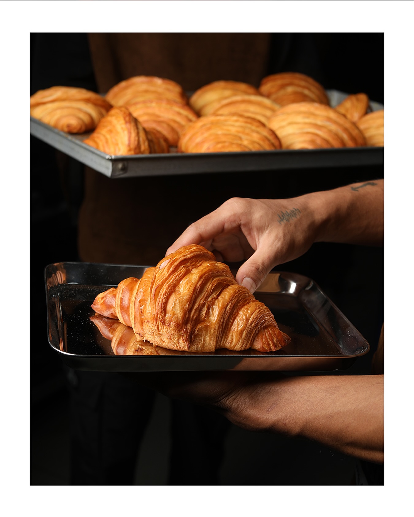 Tray of freshly baked golden croissants held by a Slo Labs baker